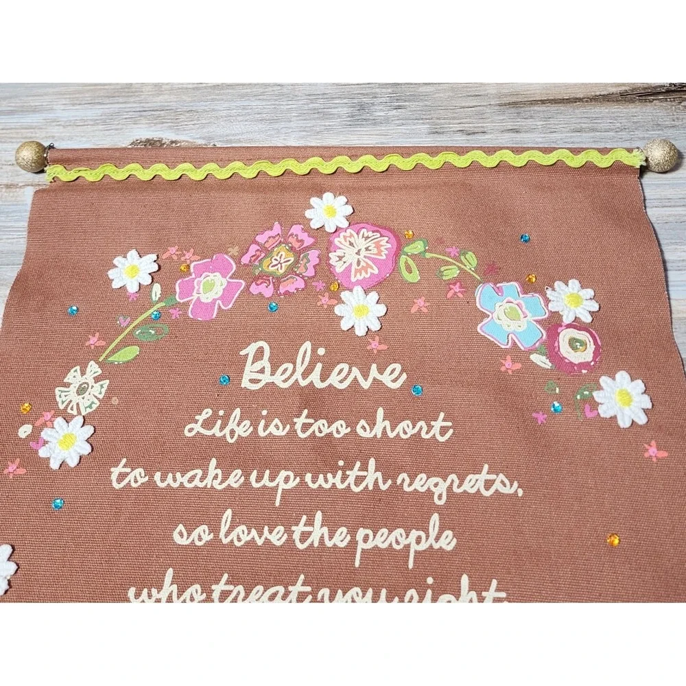 Natural Life Give Happy Believe Wall Hanging Canvas Scroll Floral Tassel 14x22